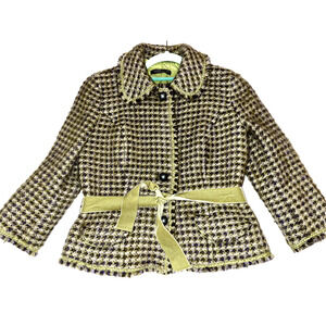 SIGRID OLSEN Jacket Wool Blend Tweed Check Green Velvet Ribbon Belt Small